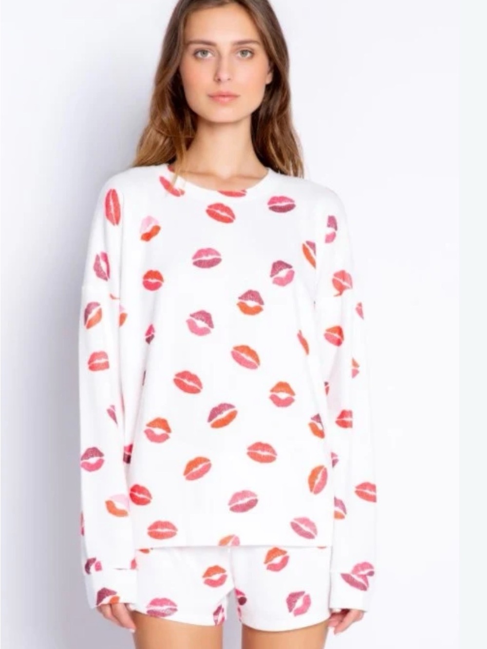 PJ Salvage White Pajama Top with Pink & Orange Lip Pattern